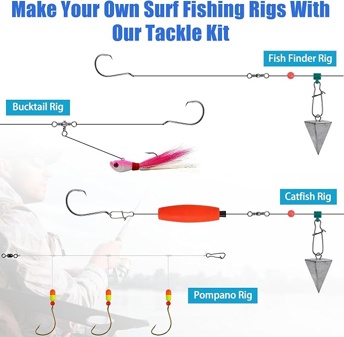 Saltwater Gear Surf Fishing Tackle Kit, Include Saltwater Lures, Pyramid Sinker Weights, Bucktail Jigs, Spoons, Leader Rigs, Catfish Hooks Swivels, Pier Ocean Sea Surf Fishing Freshwater Accessories
