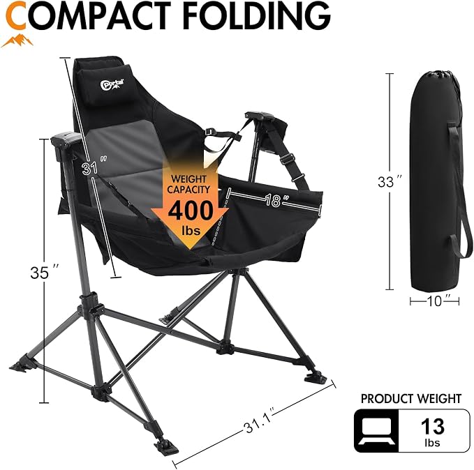 Portal Hammock Camping Chair Heavy Duty 400lbs - Swinging Chair Outdoor with Adjustable Recline & Headrest Pillow, Portable Hammock Swing Chair for Camping Beach Sports Events, Black