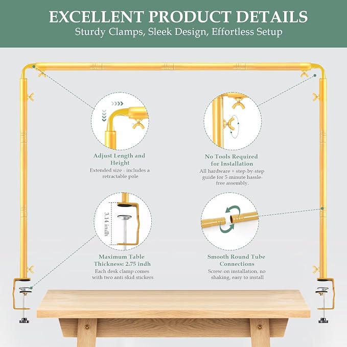 WellSign Over The Table Rod Stand with Clamps 31"-110" Length 31"-64" Height Adjustable Metal Table Hanging Decor Rod with Storage Bag for Gender Reveal Ceremony Party, Gold Table Balloon Arch Stand