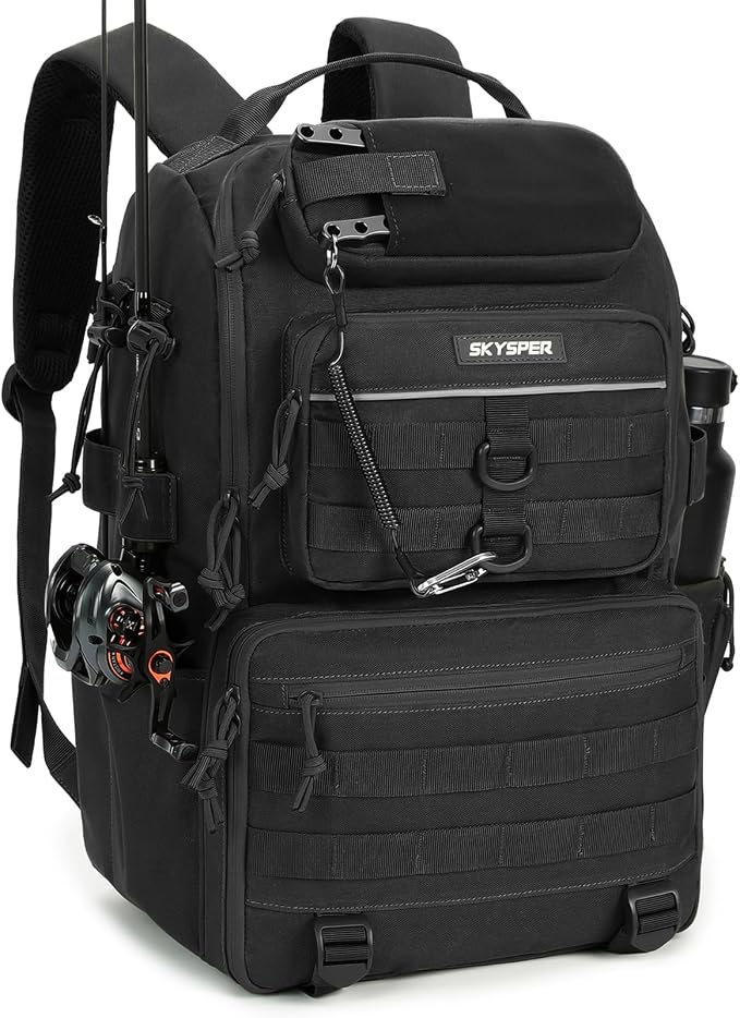 SKYSPER Tackle Backpack Fishing Bags with Rod Holder, 40L Water-Resistant Tackle Box Storage Bag for Fishing Gear Lures(Black)
