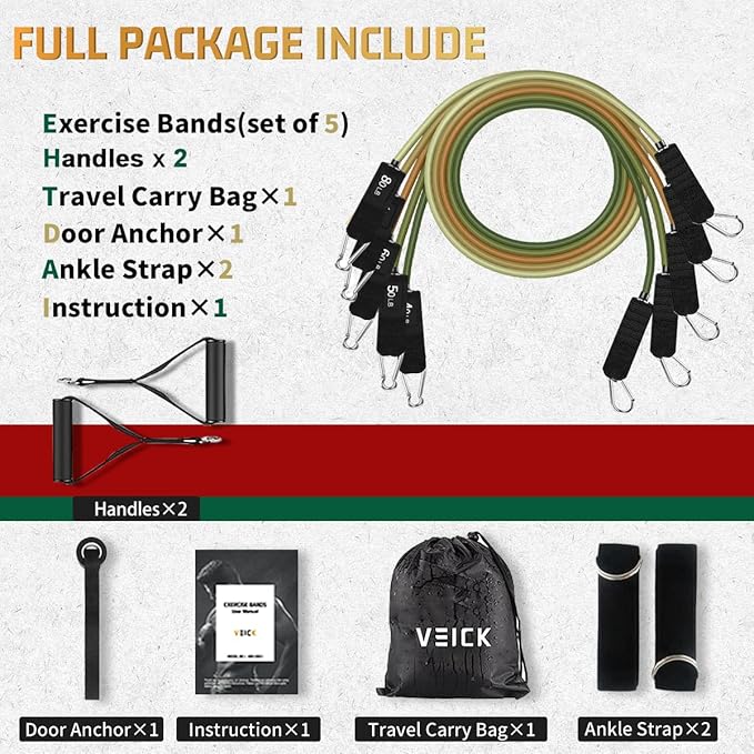 VEICK Resistance Bands Set, 10-150 LBS Stackable Exercise Bands with Handles, Ankle Straps & Door Anchor, Workout Bands for Home Gym, Yoga, Pilates, Physical Therapy for Men Women