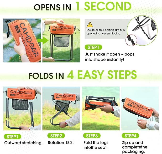 CAMDOOR Portable Collapsible Stool, 16″Folding Stool with 3 Side Pockets and Shoulder Strap, Extra Large Camping Chair Supports 400 lbs, Ultralight Portable Seat for Outdoor, Hiking, Fishing