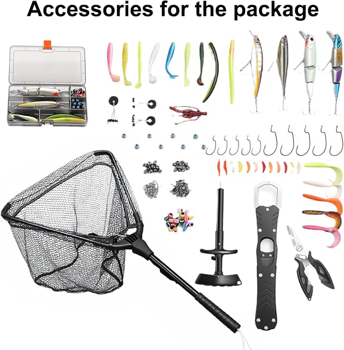 Fishing Chest Pack Vest Bag w/ Fish Floating Landing Net, Tackle Box, Fishing Lures Kit, Hook Remover, Fish Lip Gripper, Fishing Plier Friendly for Beginners Gifts for Men (w/ Fish Net) (Black)