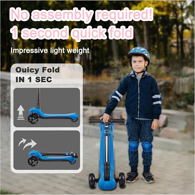 3 Wheel Electric Scooter for Kids Ages 3+, LCD Display, Colorful Lights, Reliable Thumb Throttle, 3 Adjustable Height, 5Mph Safe Speed and Long Range, Foldable Kids Electric Scooter