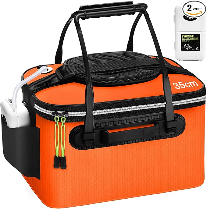 2 Pcs Fishing Bucket and Live Bait Aerator, Foldable Multi Functional Live Bucket Portable Quiet Aerator Outdoor Camping Fishing EVA Bag
