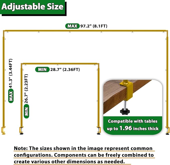 Over The Table Rod Stand with Clamps - Adjustable Table Arch Stand, Metal Table Rod for Wedding, Birthday, Halloween, and Christmas Decorations (29"-97" Length, 26"-42" Tall, Gold)