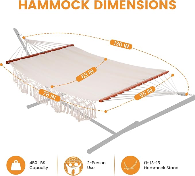 Lazy Daze Hammocks Cotton Fabric Double Hammock with 55" Spreader Bar, Portable Camping Hammock with Carrying Bag & Tree Straps for Patio, Backyard, Balcony, 450lbs Capacity, Beige