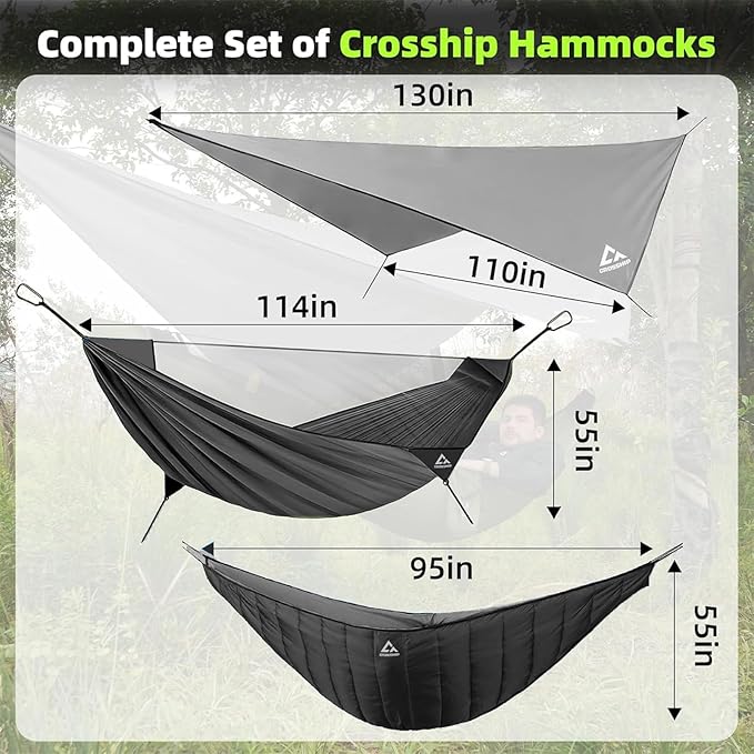Camping Hammock with Mosquito Net, Underquilt & Rain Fly Tarp – 2 Person Portable Hammock Set for Hiking, Backpacking, Travel, Backyard, Beach – Holds Up to 500lbs (Black)