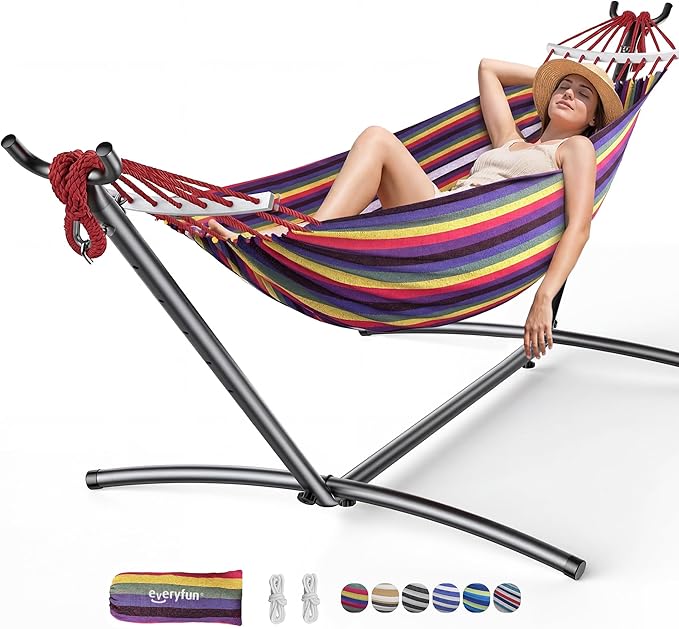 EveryFun Double Hammock with Heavy-Duty Steel Stand,Portable,Easy Assembly,600lbs Weight Capacity,Perfect for Indoor,Yard,Camping,or Outdoor-Rainbow