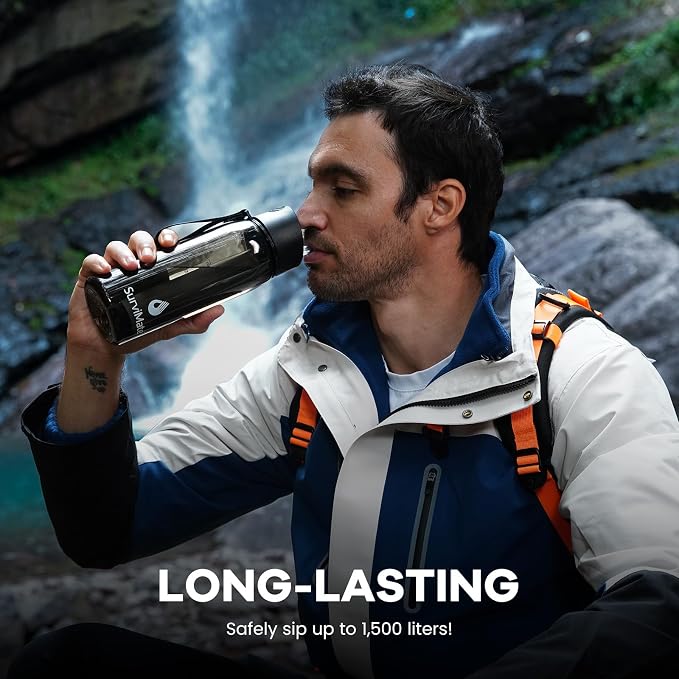 SurviMate Purified Water Bottle for Camping, Hiking, Backpacking and Travel, BPA Free with 5-Stage Intergrated Filter Straw