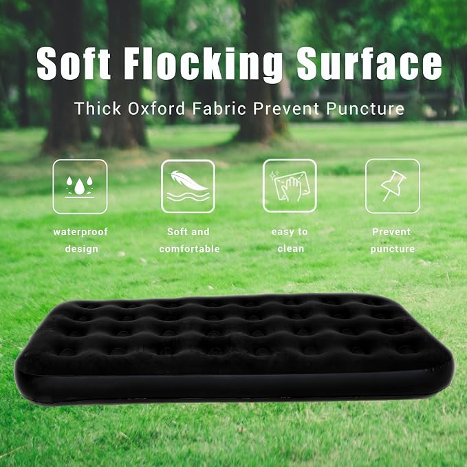 Onirii Twin Size Single Camping Air Mattress Bed with Air Pump | 75"x 39"Thickened Portable Inflatable Mattress Blow Up Air Mattress,Travel Sleeping Bed Pad for Camping Home Hiking(Black)