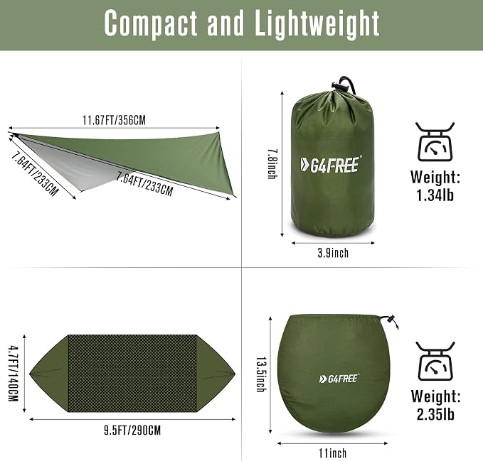 G4Free Large Camping Hammock with Mosquito Net and Rain Fly- 2 Person Portable Hammock with Bug Net and Tent Tarp for Outdoor Hiking Camping Backpacking Travel(Army Green with Rain Fly)