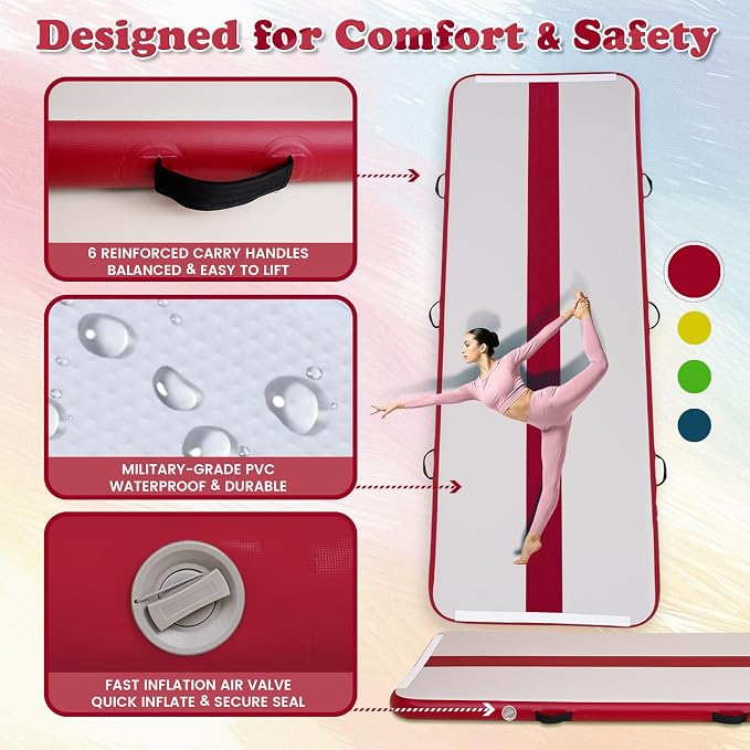Tuxedo Sailor Inflatable Gymnastics Mat with Electric Pump, Storage Bag, Repair Kit–Air Mat for Home Training, Cheerleading, Yoga