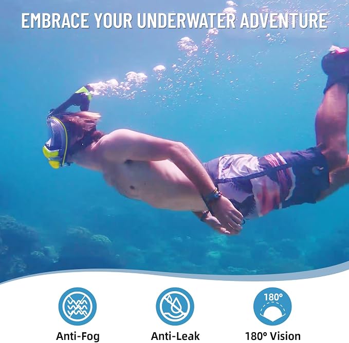 Electric Full Face Snorkel Mask for Adults, Fan-Assisted Airflow Snorkeling Gear, 180° Panoramic Anti-Fog View, Dry Top Leak-Resistant Design with Camera Mount for Beach Vacation