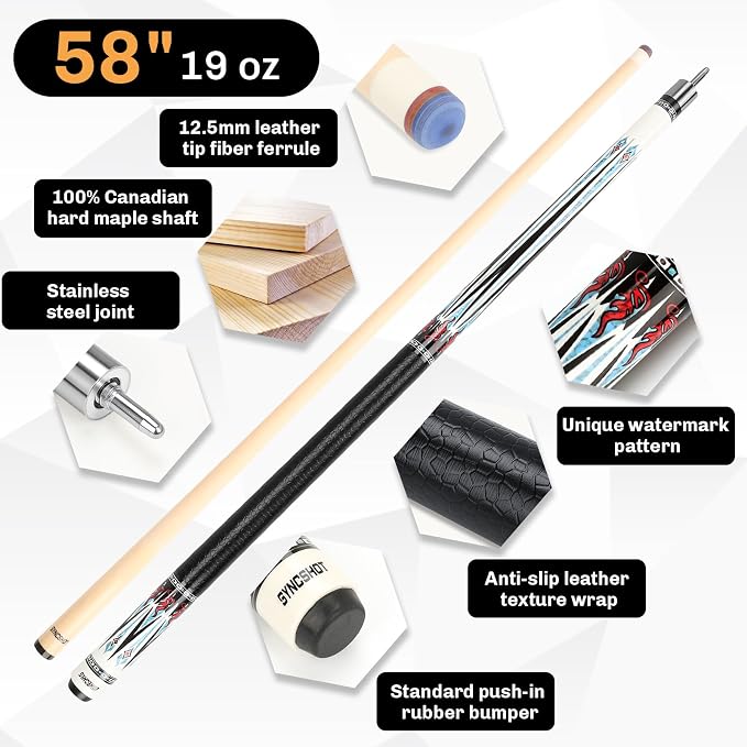 Professional Pool Cue Stick with Hard Case, 58" Canadian Maple Billiard Cue & 12.5mm Multi-Layer Rainbow Tip, Pool Cue Set with 3 Accessories, 19/20/21oz Billiard Stick (Selectable)