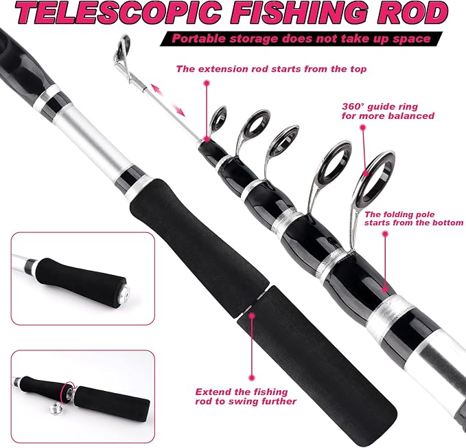 2PCS Telescopic Fishing Rods and Reels Combo Set Portable Fishing Pole | Spinning Reel Lures Accessories with Storage Bag Saltwater Freshwater Fishing Pole Combo Fishermen Gift
