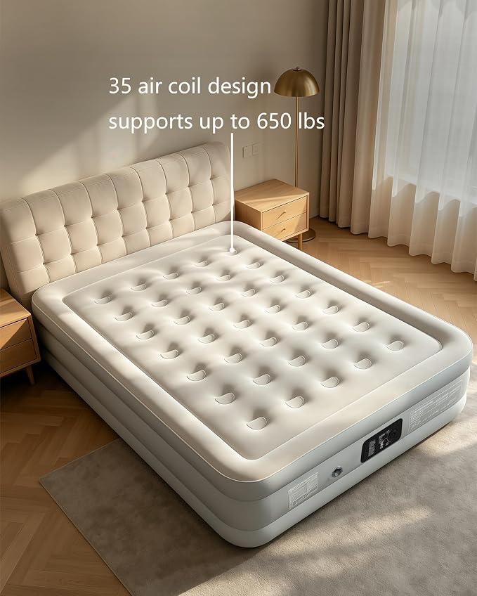 air Mattress Queen with Built in Pump – 18-Inch Thickened Inflatable Mattress for Easy Travel, Supports Up to 650 Pounds Pounds (Light Gray, Queen)