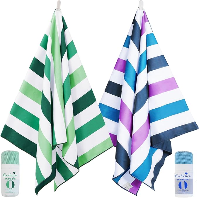 Exclusivo Mezcla 2 Pack Microfiber Quick Dry Beach Towels, Oversized Lightweight Sandfree Pool Towels for Swimming Camping Travel with Bagn (Forest Green and Dark Purple, 35x70 Inches)