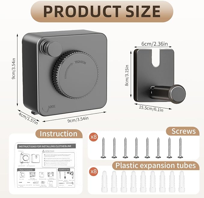 Anti-Sag Retractable Clothesline 40LB Capacity - 201in Stainless Steel Laundry Line for Indoor Outdoor, Wall Mounted Space Saving Easy Install (Gray, with Pole)