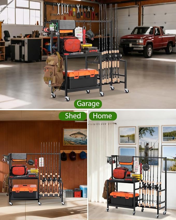 EXTCCT Fishing Rod Holders for Garage, Fishing Pole Rack Holds Up to 16 Rods with Hooks, Heavy Duty Rolling Fishing Cart with Wheels, Fishing Equipment Storage for Man's Gift (Black)