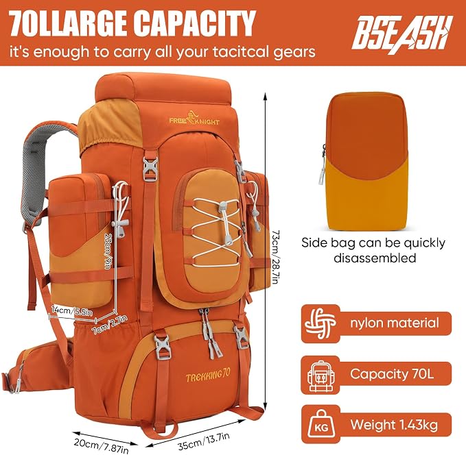 Bseash 70L (65+5) Waterproof Hiking Camping Backpack with Rain Cover, Outdoor Sport Travel Daypack for Climbing Touring (Orange)