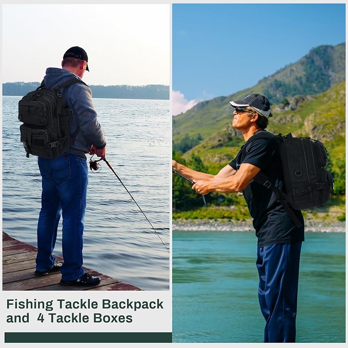 Fishing Tackle Backpack with Rod Holders and 4 Tackle Boxes Large Storage Fishing Bags Water Resistant Tackle Bag for Camping Hiking Travel Gear and Equipment(Black,Shoulder Bag)