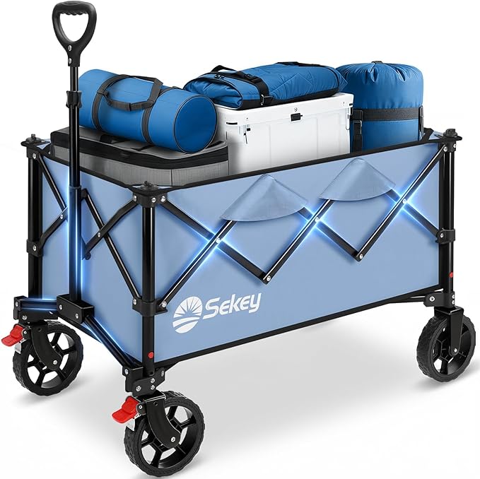 Sekey Collapsible Foldable Wagon with 330lbs Weight Capacity, Heavy Duty Folding Wagon Cart with Big All-Terrain Wheels. Blue