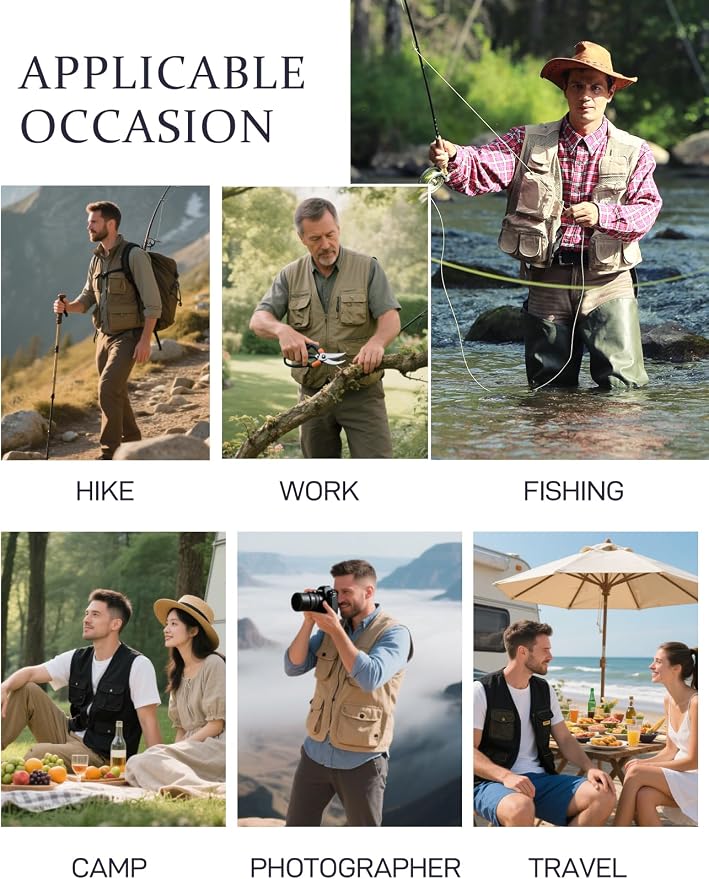 Flygo Men's Fishing Vest Utility Lightweight Outdoor Travel Safari Photo Cargo Vest with 16 Pockets