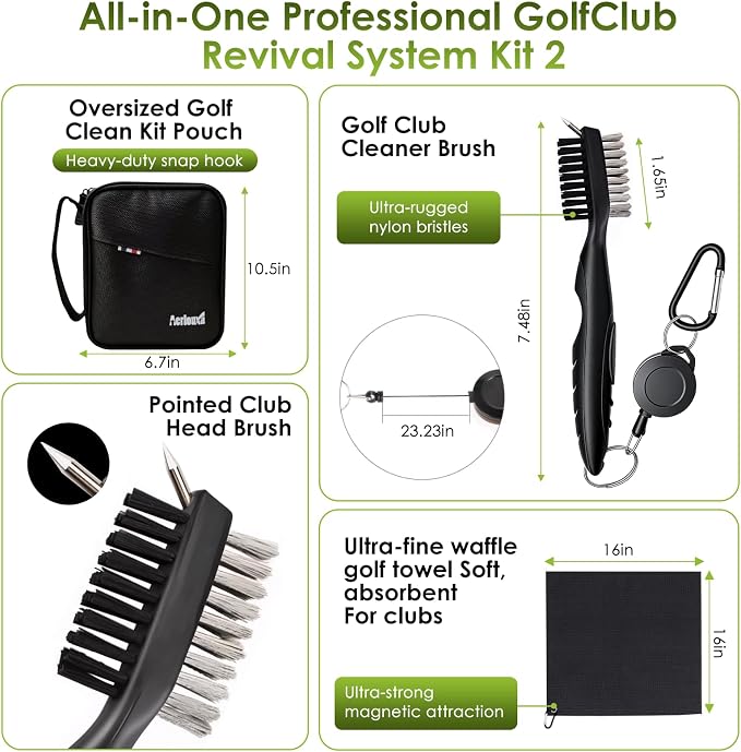 6-in-1 Golf Club Cleaning Kit - Club Cleaner, Grip Cleaner, Polish, Water-Spray Brush,Professional Golf Towel & Portable Bag | Restores Clubs, Removes Rust/Scratches, Renews Tackiness