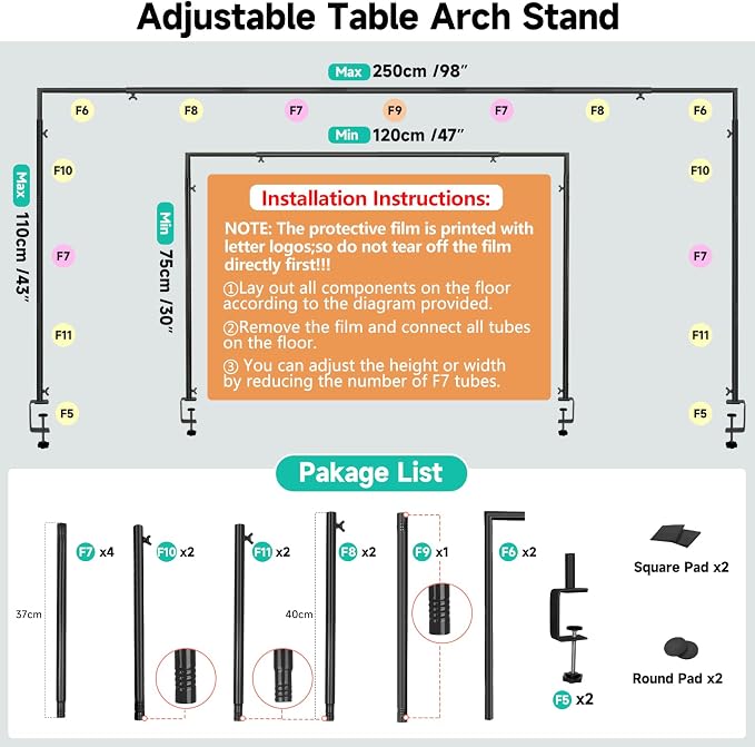 Over The Table Rod Stand with Clamps Adjustable 30"-43" Tall 47"-98" Length Black Table Arch Hanging for Wedding Birthday Party Halloween Christmas