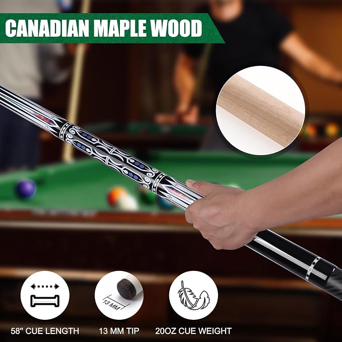 Premium Pool Cue Stick Set, 58'' Billiard Cues Canadian Maple Wood Stick 13mm Tip with Pool Cue Case, Telescopic Carbon Fiber Extension Cue & Billiards Accessories for Billiards Player
