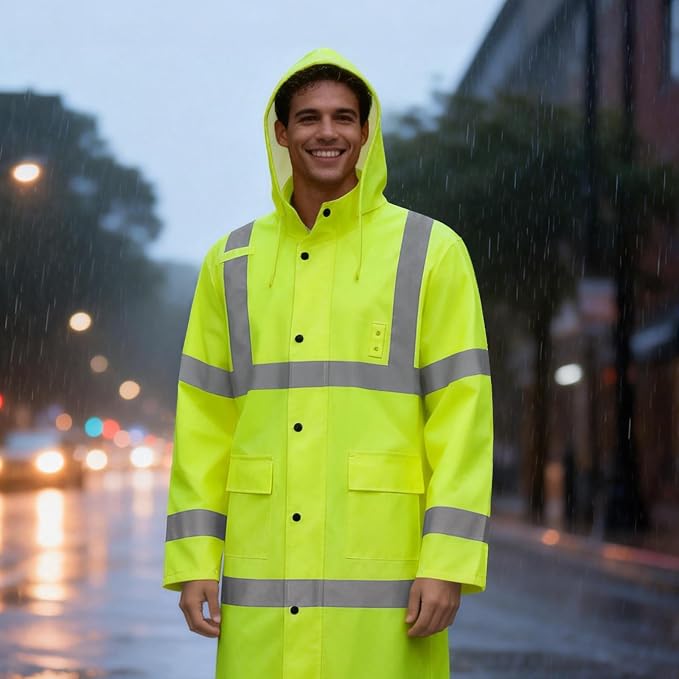 High Visibility Rain Coat, High Vis Rain Suit for Men Women, Waterproof Rain Jacket with Hood, Class 3 Lightweight Hi Vis Rain Gear for Outdoor Activities& Safety Work, Yellow Long, M