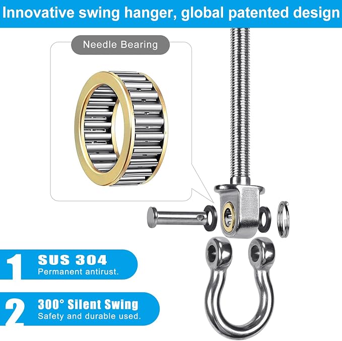 Dolibest Swing Hangers with Bearing - 4 Pack Stainless Steel 304 Swing Hooks for Wood & Metal Beams, Ideal for Hanging Hammocks, Yoga Swings, Porch Swing, Boxing Bag 1500 LB Capacity -7''x M2/5''