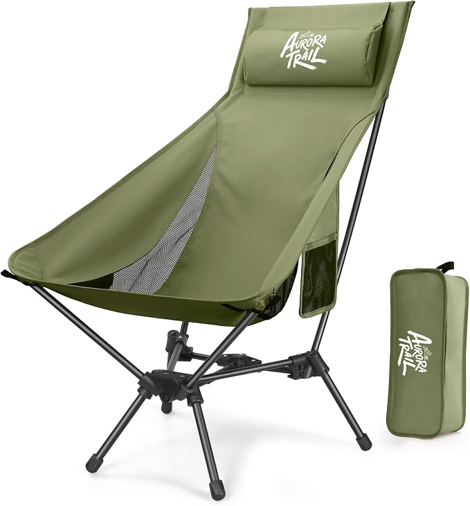 AuroraTrail High Back Folding Camping Chair with Pillow – Lightweight Portable Outdoor Chair with Cup Holder & Carry Bag, Sturdy Aluminum Frame Supports up to 374 lb for Camping, Hiking & Festivals
