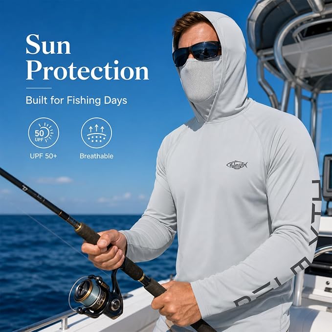 Palmyth Men's Fishing Hoodie Shirt UPF 50+ Quick-Dry Breathable Long Sleeve | Long Sleeve Fishing Shirt, UPF 50+ Sun Protection, Quick-Dry Fabric, Breathable Mesh Back, Built-in Face Mask, 4-way Stretch