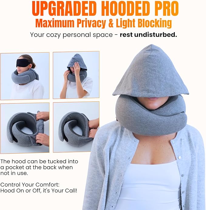 LOEXAIR™ Hooded Pro Travel Pillow - Memory Foam Neck Support Pillow for Airplane, Flight - Super-Soft Pure Cotton Fabric, Maximum Privacy & Light-Block Design, Lightweight Full Travel Kit - Light Grey