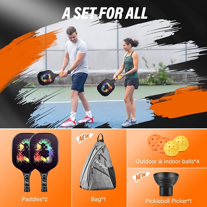 niupipo Pickleball Paddles Set of 2/4/1, USAPA Approved Carbon Fiber & Fiberglass Hybrid, Easy Power, Polypropylene Honeycomb Core, Cushioned 4.72" Grip, Bag/Cover, Pickleball Paddle Set for Men Women