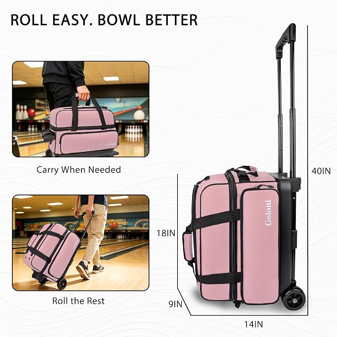 Goloni Double Roller 2 Ball Bowling Bag with Separate Shoe Compartment,2 Ball Bowling Bag with Wheels,Retractable Handle Extends to 40"