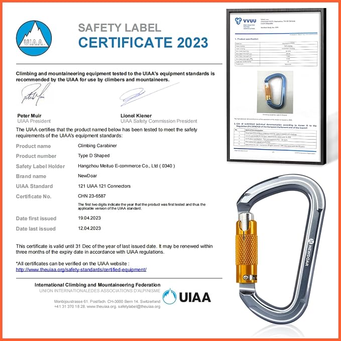 NewDoar 28KN UIAA & CE Certified Auto Climbing Carabiner Professional Heavy Duty Caribeaner for Rappelling D-Shaped