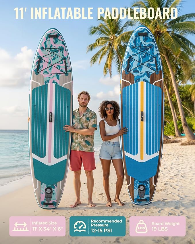 11ft Inflatable Stand Up Paddle Board, Wood Grain Ultra Lightweight SUP, 430lb Capacity for Adults Youth Family, for Fishing Surfing Camping, Includes Backpack & Pump