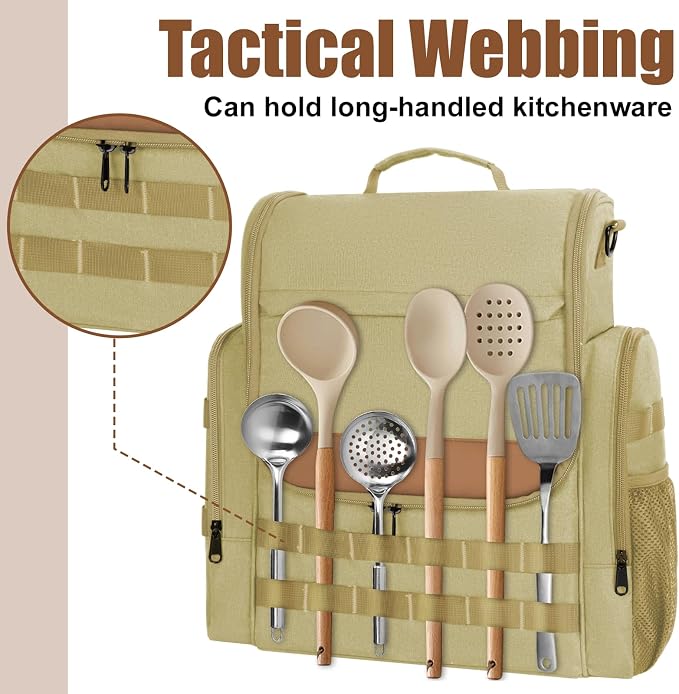 Large Camp Kitchen Organizer with Paper Towel Holder,Hanging Camping Storage Organizers with Metal Hook, Camping Utensil Bag for BBQ Cooking Essentials, With a Canvas Bag for Picnic Pot, Khaki