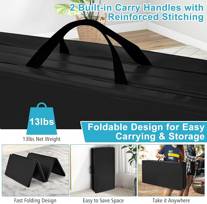 Goplus Gymnastics Mat, Folding Tumbling Mat with Carry Handles, Hook & Loop Fasteners, 4 Panels for Fitness Exercise Yoga Stretching Aerobics Workouts, Thick Gym Mats for Home