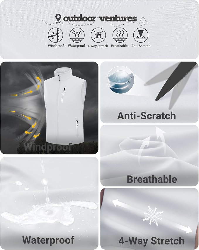 Outdoor Ventures Men's Windproof Softshell Vest Outerwear Lightweight Sleeveless Jacket for Running Golf Hiking Travel
