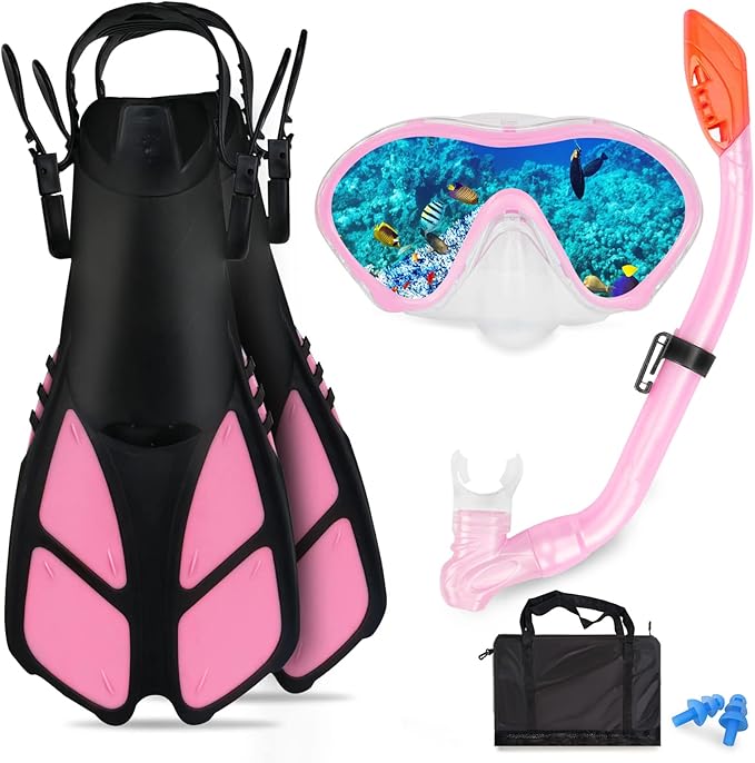 Kids Snorkeling Set - Adjustable Flippers + Panoramic Snorkel Mask + Dry Snorkel Tube + Travel Bags - Suitable for Kids & Juniors, Age 5-14