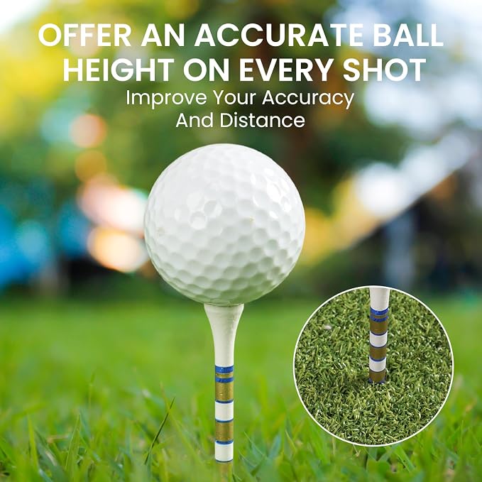 Golf Tees Wood 3 1/4 2 3/4 Inch Value 500/1000 Pack with Bright Colors & Consistent Height, High Visibility with Gold Stripes for Course Practice