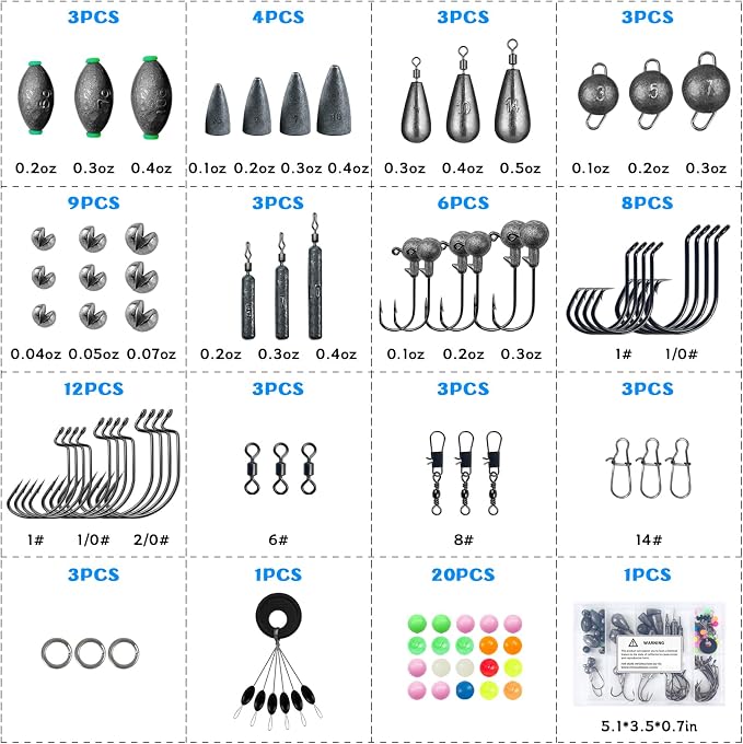 Fishing Accessories Kit Organized Fishing Tackle Box | Included Hooks, Sinkers Weights, Rubber Bobber, Jigs, Beads, Swivels Snaps, Fishing Gear Kit