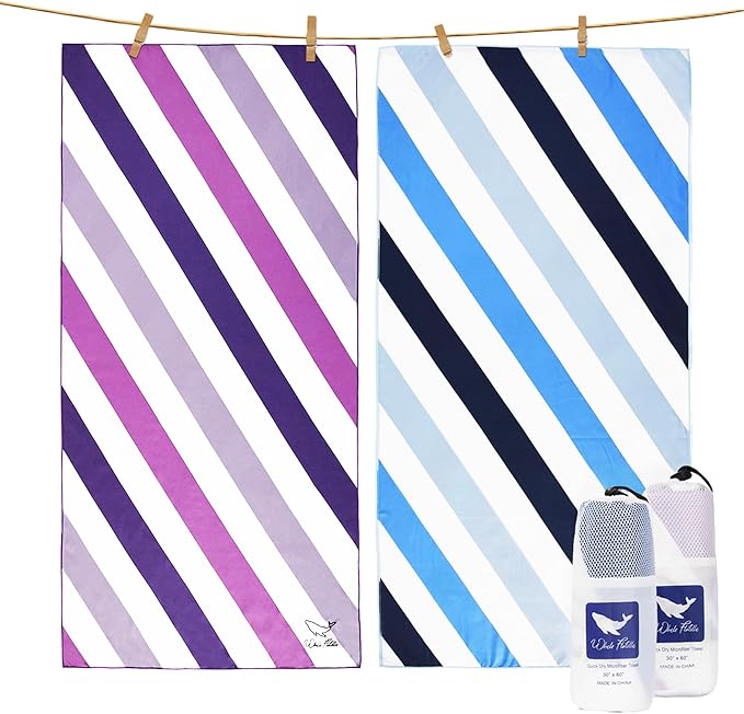 Whale Flotilla 2 Pack Large Quick Dry Beach Towel (30"x60"), Microfiber Sand-Free Beach Towel Set, Super Absorbent Compact Pool Travel Accessories, Blue and Purple