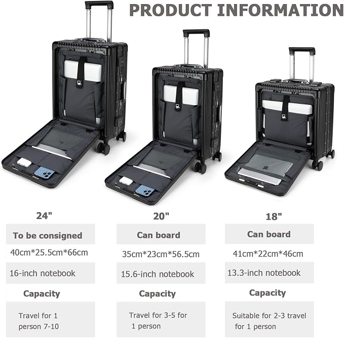 feilario Aluminium Frame PC Hard Shell Spinner Wheels Luggage,22.5"X15"X9.5" Airline Approved Built-In TSA lock Carry on Suitcase, with Cup Holder, USB Port, Phone Holder