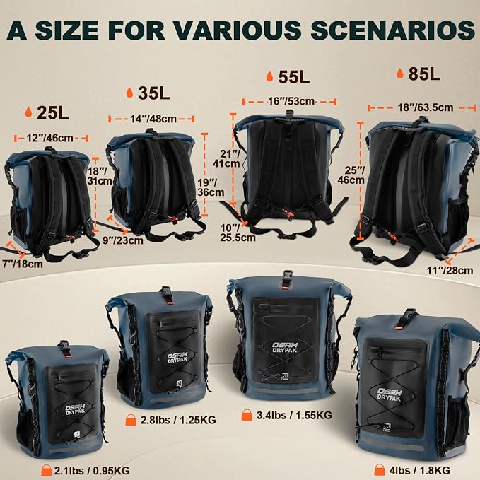 OSAH DRYPAK Waterproof Backpack Dry Bag 25L/35L/55L/85L – Heavy Duty Roll-Top Hiking Backpack Sack Keeps Gear Dry for Travel, Kayaking, Boating, Camping, Rafting and Fishing