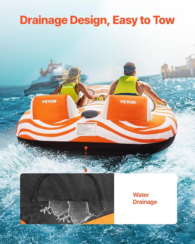 VEVOR Towable Tubes for Boating 2 Person, Inflatable Boat Tubes and Towables with 2 Cockpits, 340lbs Water Sport Tubes for Boat to Pull - with 840D Full Nylon Cover, Padded Grab Handles & Safety Valve